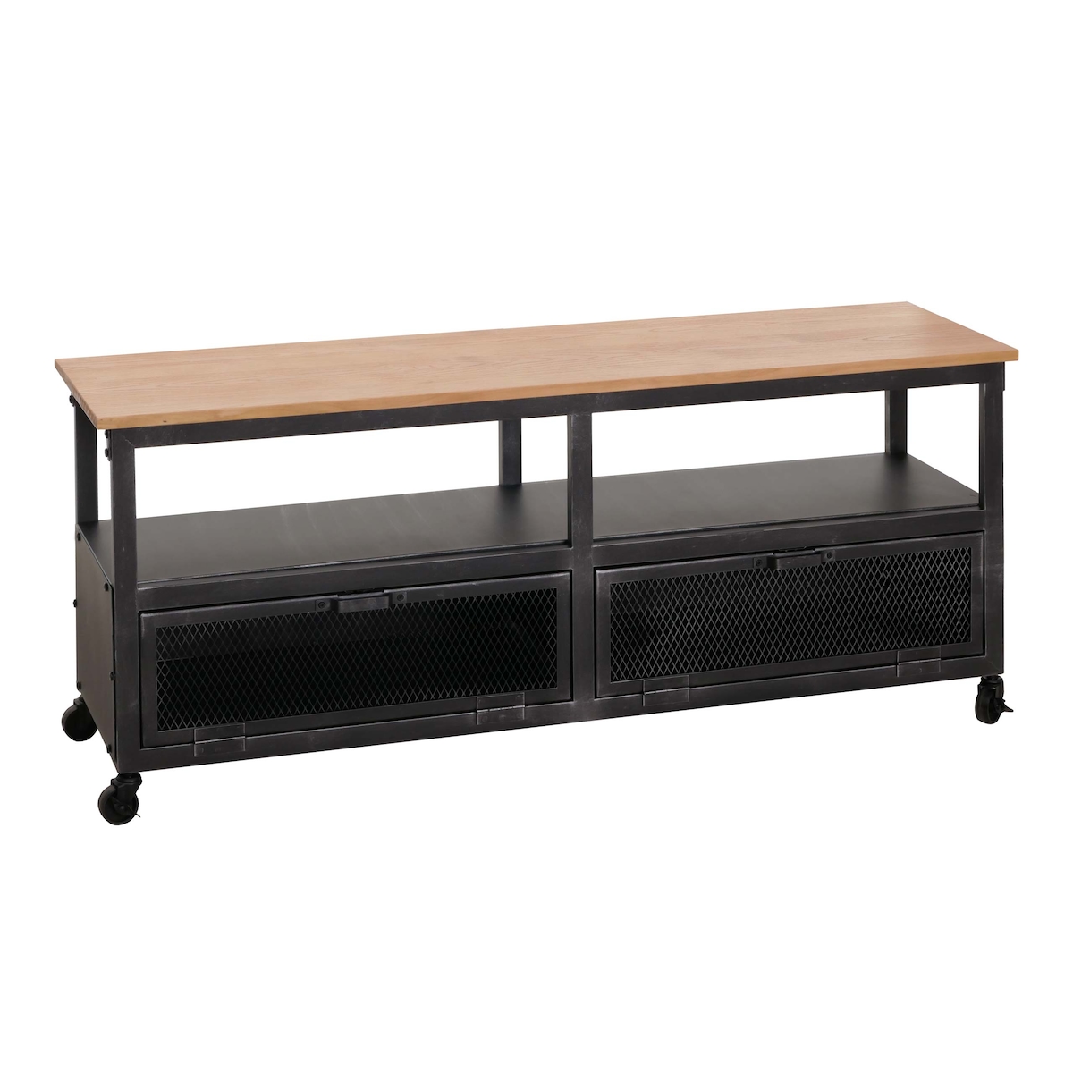 Mendler Lowboard HWC-N28, TV-Rack, Rollen 2 Fächer, 3D-Struktur Industrial Retro Metall Holz 55x130x36cm ~ schwarz, natur Image