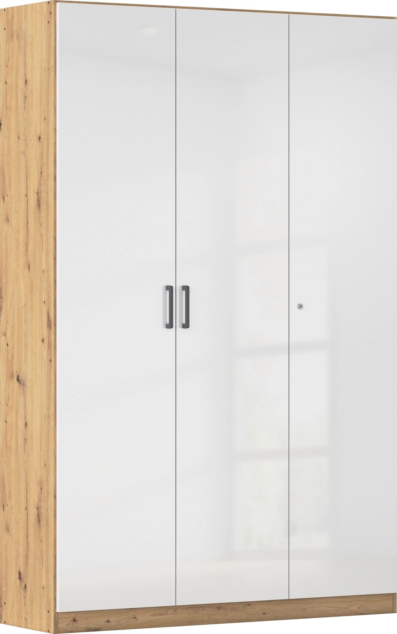 Mehrzweckschrank RAUCH "Garderobe Kleiderschrank Schrank Schuhschrank Putzschrank MINOSA", eiche artisan, hochglanz weiß, griffe graumetallic, B:136cm H:210cm T:41cm, Holzwerkstoff, Schränke, Mehrzweckschrank