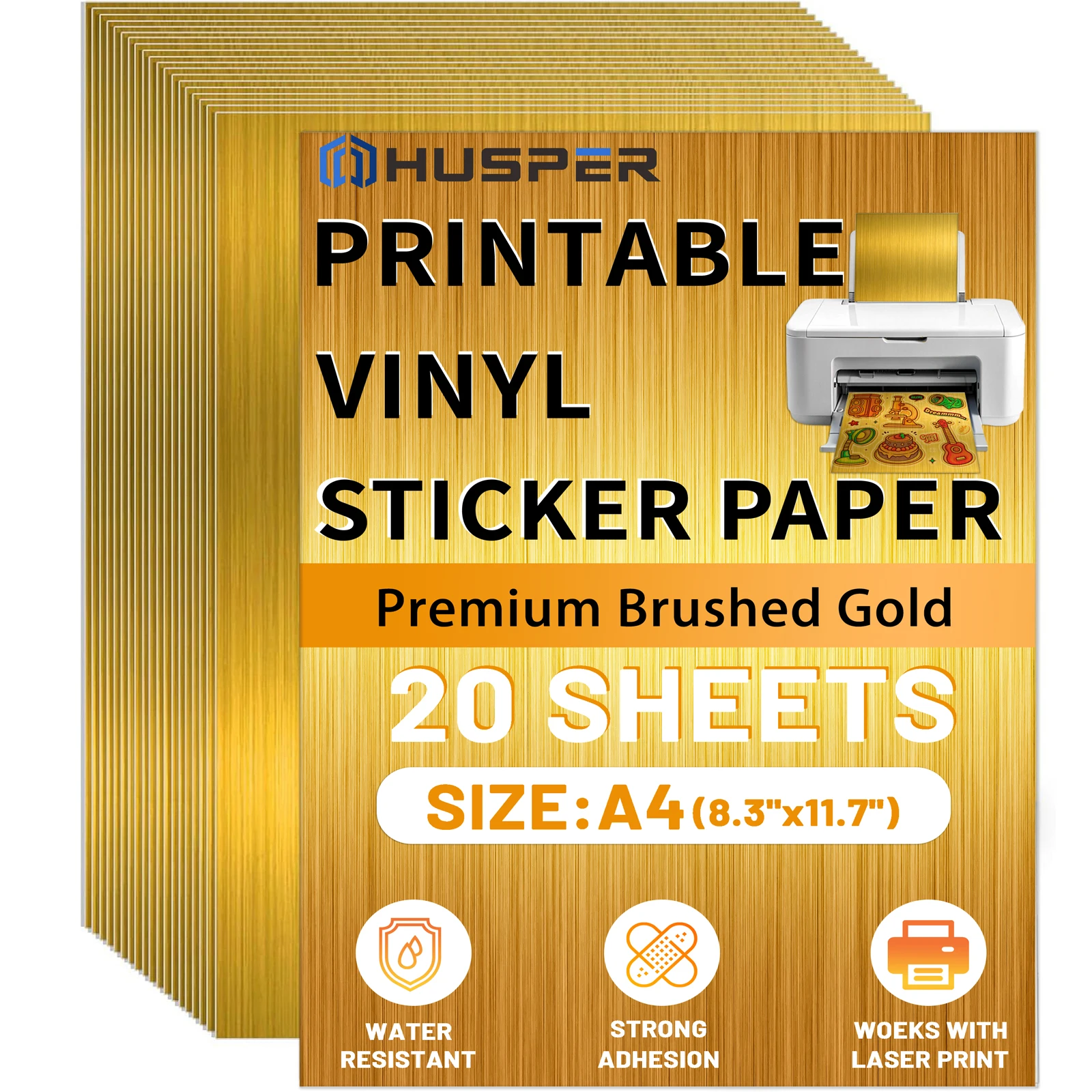 20 Blatt im A4-Format, bedruckbares Vinyl-Aufkleberpapier, selbstklebendes metallisches gebürstetes Gold, DIY-Etikett für Laserdrucker, wasserdicht Image