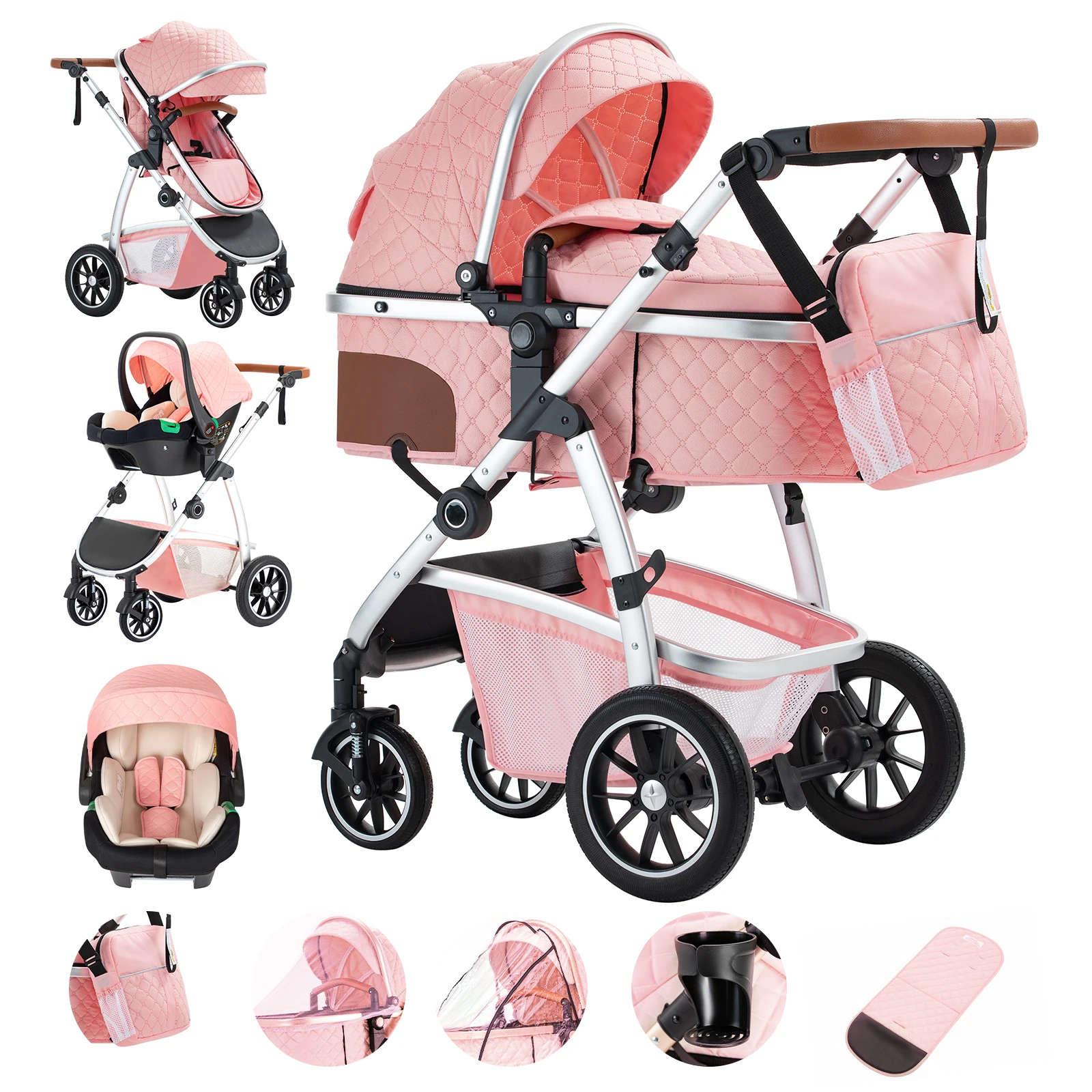Kinderwagen, 3-in-1, einfach zusammenklappbar, multifunktionaler Kinderwagen, für Reisen, tragbarer Kinderwagen, Sicherheitssitz, EU-Standard, Aluminiumrahmen Image