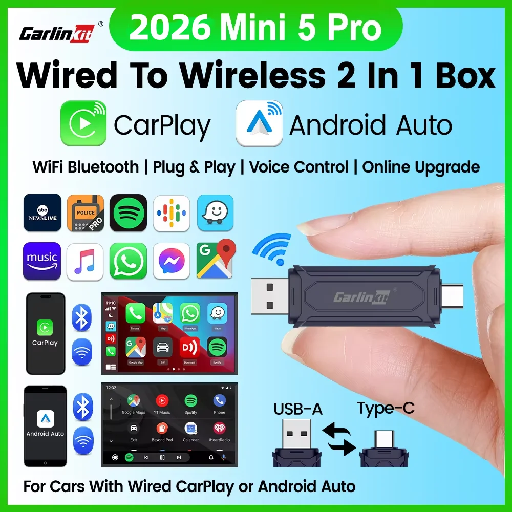 CarlinKit 5.0 Mini5 PRO Wireless-Adapter, kabelloses CarPlay, Android Auto für OEM-Autos, Plug-and-Play, WiFi, Bluetooth, automatische Verbindung Image