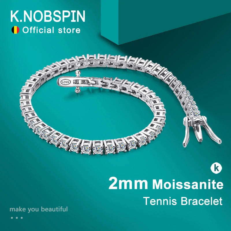 KNOBSPIN 2mm D Farbe Moissanit Tennis Armbänder für Frau Mann Funkelnde Diamanten mit GRA s925 Sterling Splitter Hip Hop armband