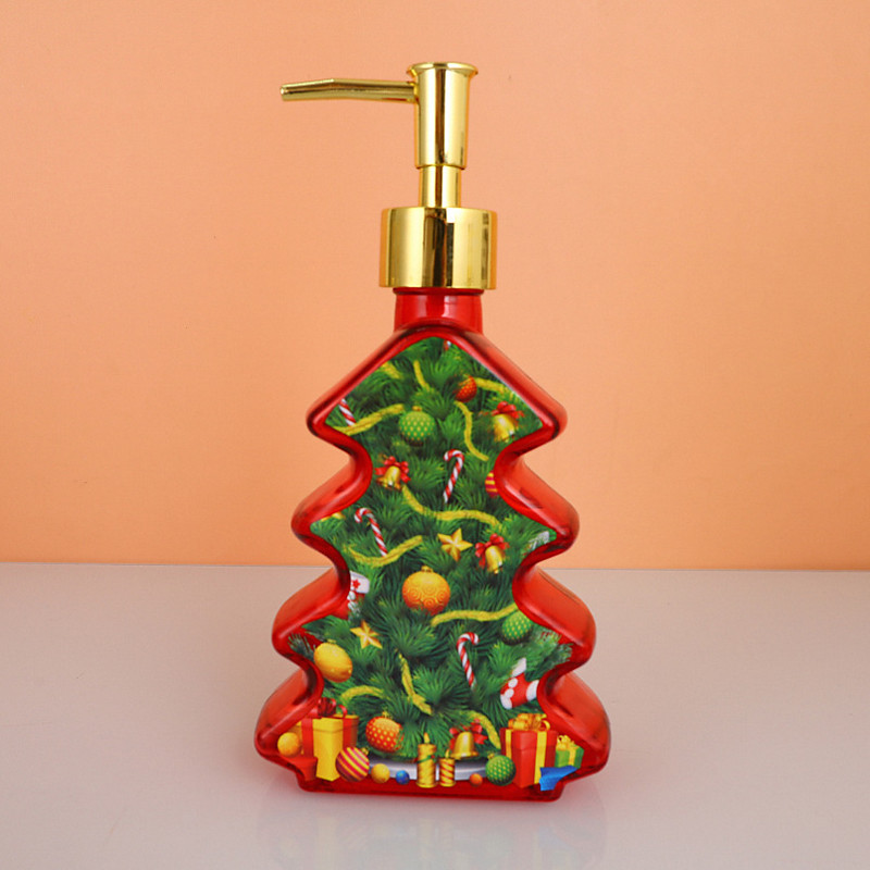 Glass Christmas Tree Hand Pump Dispenser Bottle - 300ml Red/Green Reusable Travel-Sized Soap/Lotion/Cleanser Container with Golden Reindeer Snowflake Design for Kitchen, Bathroom, Office - Durable