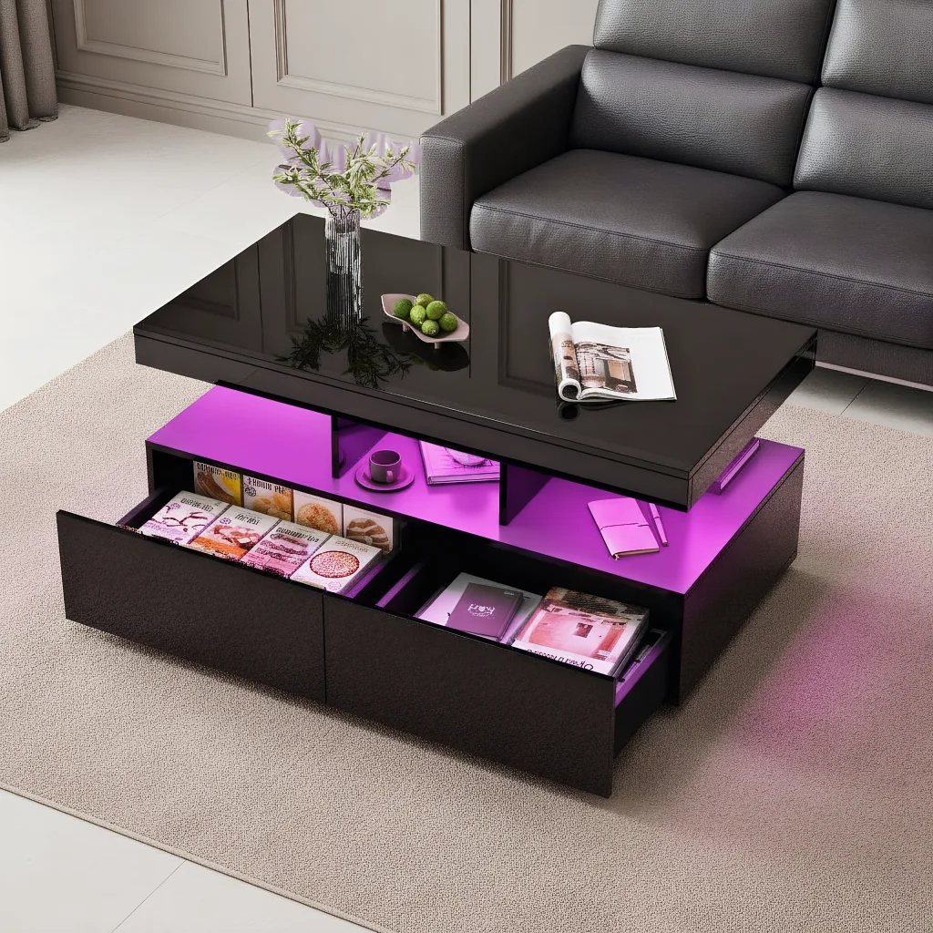 Hochglanz Couchtisch, Beistelltisch Schwarz mit LED und 2 Schubladen,Moderner Sofatisch mit offenem Regal,104 x 53 x 46cm