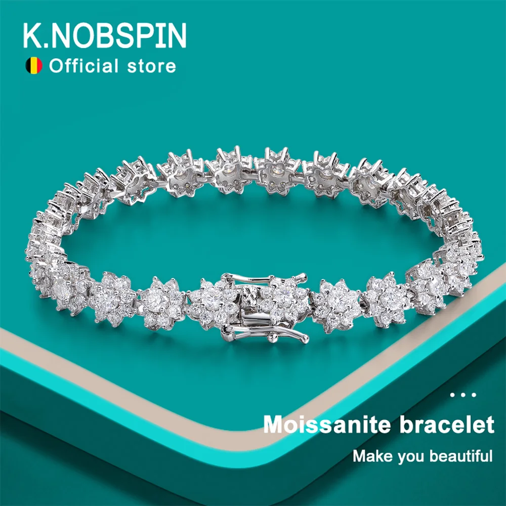 KNOBSPIN Blumen-Moissanit-Tennis-Armband, Hochzeitsschmuck, 925er Sterlingsilber, vergoldet, 18 Karat Weißgold, GRA-Armbänder für Damen und Herren Image