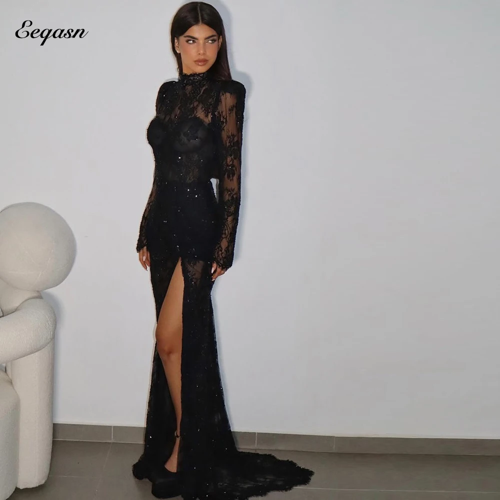 Mermaid Black Lace Evening Dress Leg Split Long Sleeve Prom Gowns Women Formal Gown Open Back robes de soirée Customized