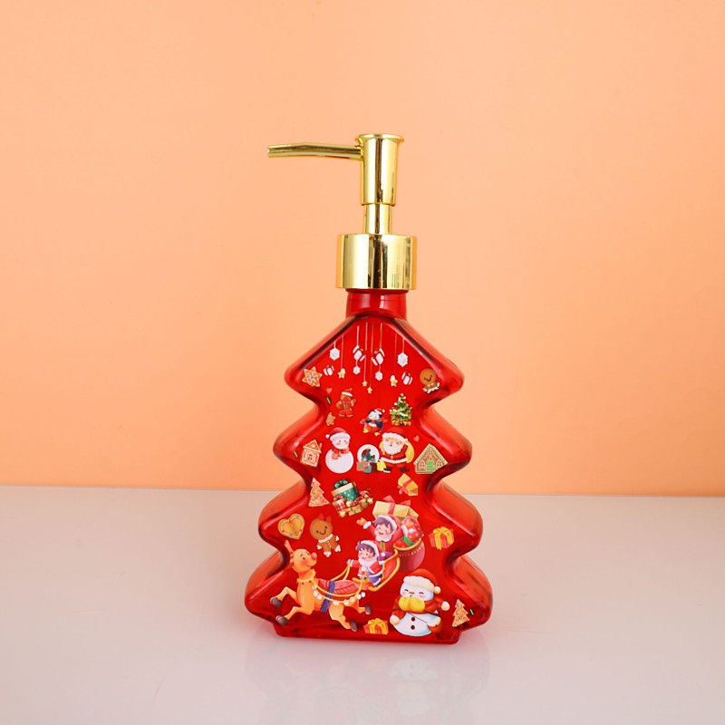 Glass Christmas Tree Hand Pump Dispenser Bottle - 300ml Red/Green Reusable Travel-Sized Soap/Lotion/Cleanser Container with Golden Reindeer Snowflake Design for Kitchen, Bathroom, Office - Durable