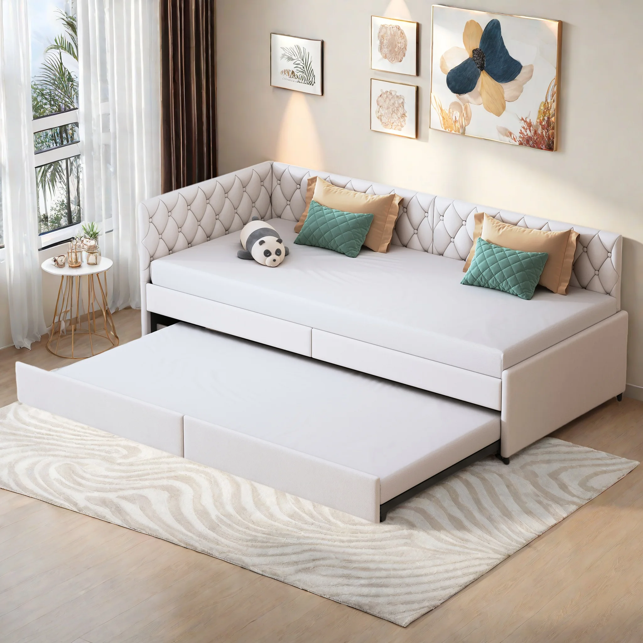 Rosahqnda gepolstertes Tagesbett 90 x 200 cm mit ausziehbarem Bett, Einzelbett, Schlafsofa, Tagesbettgestell mit Lattenrost
