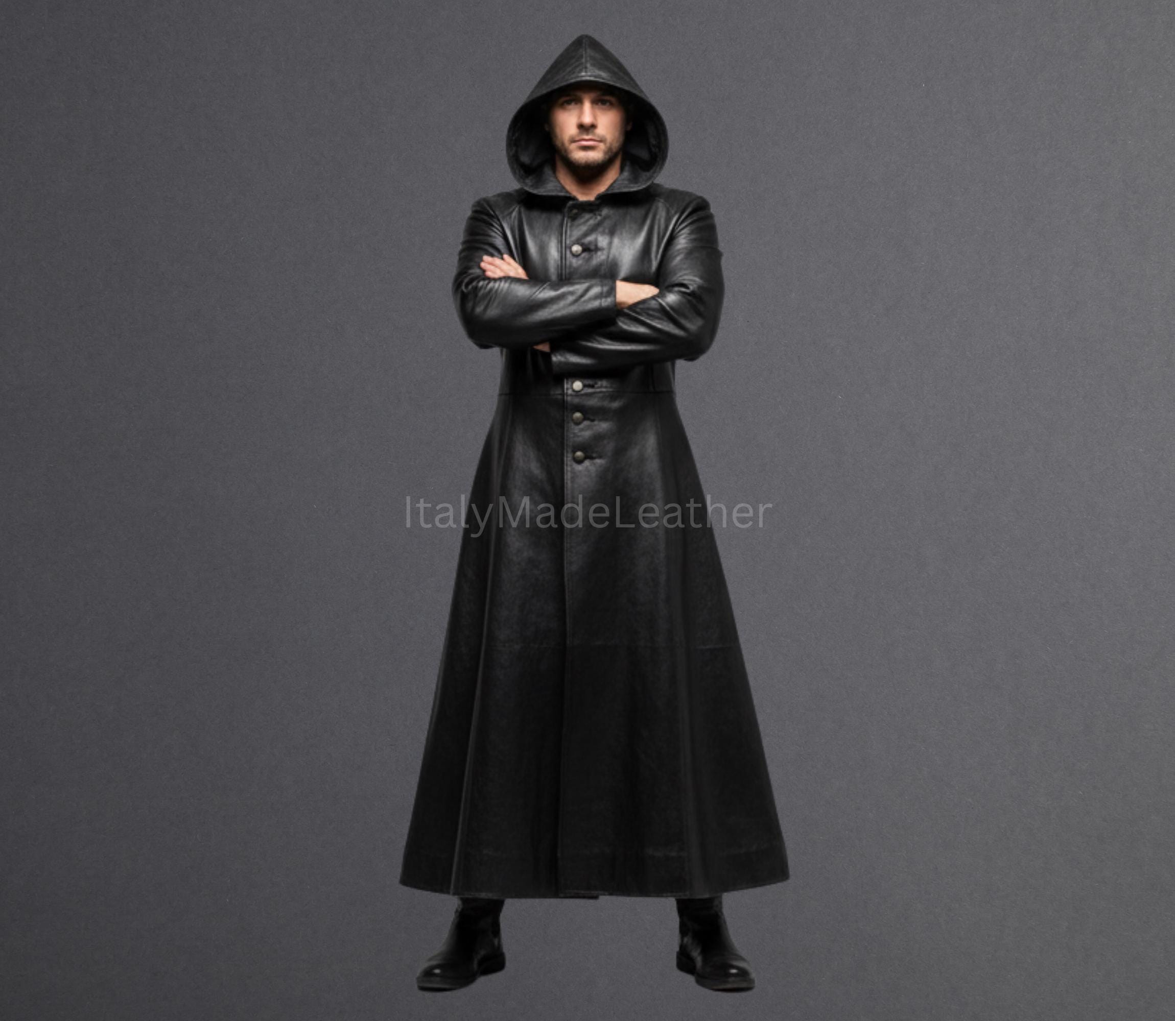 Cappotto lungo da uomo in vera pelle di mucca nera - Trench in vera pelle fatto a mano, cappotto casual, cappotto formale, cappotto lungo classico, ca