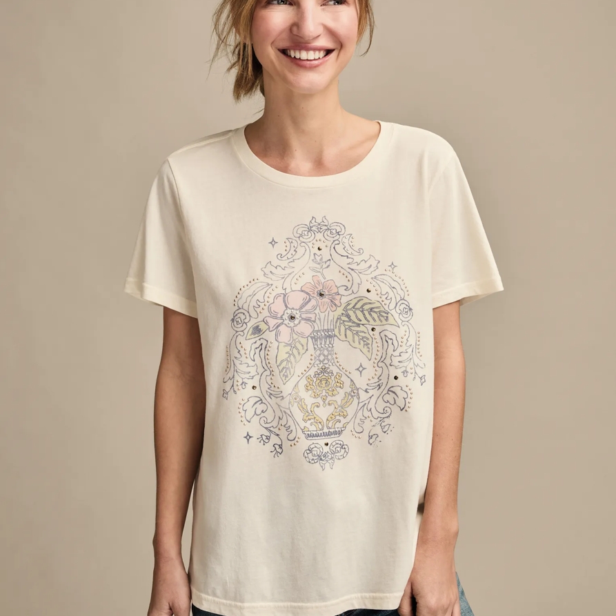 Lucky Brand Floral Vase Classic Crew in Canoli Cream, Size S