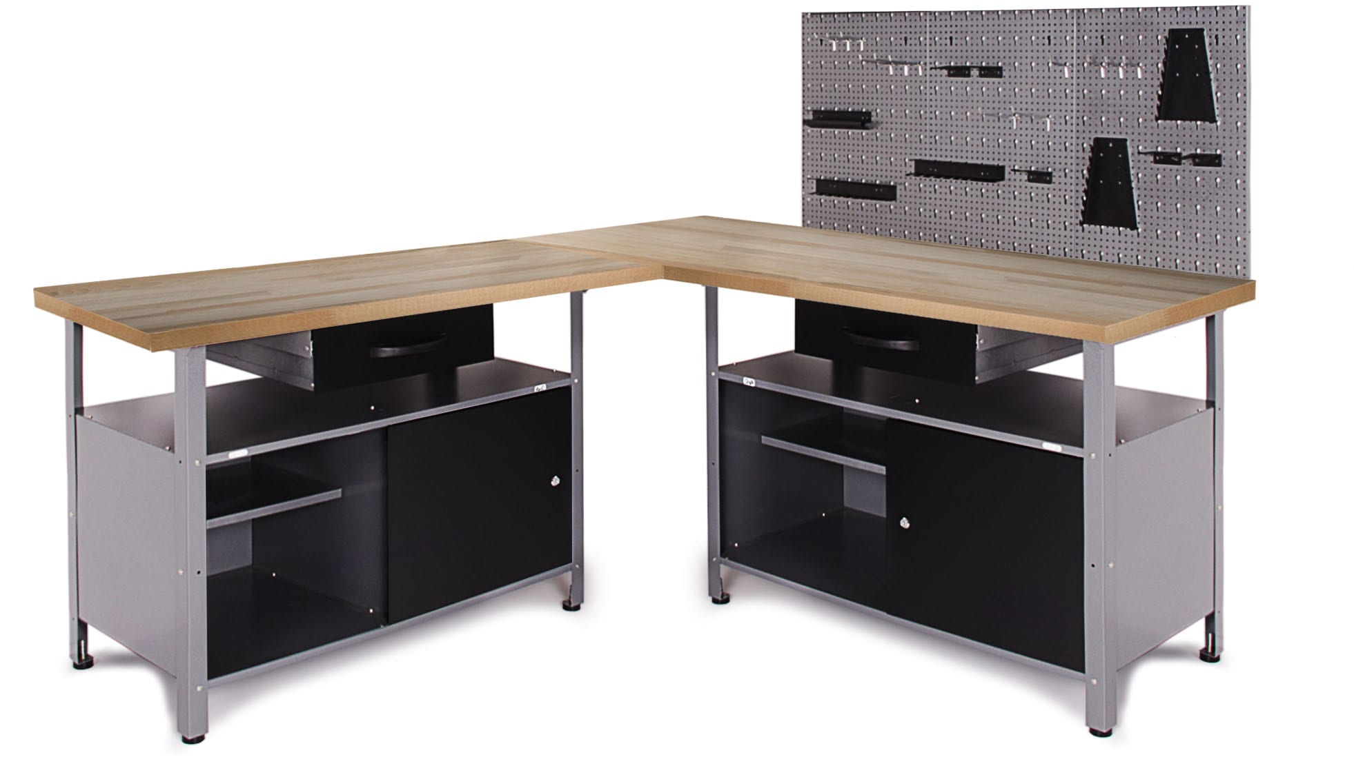 Werkstatt-Set ONDIS24 "Ecklösung »One«", grau (grau, anthrazit), B:180cm H:144cm T:180cm, Buche, Metall, Werkbänke, Arbeitshöhe 85 cm - Buchen Arbeitsplatte 27 mm stark