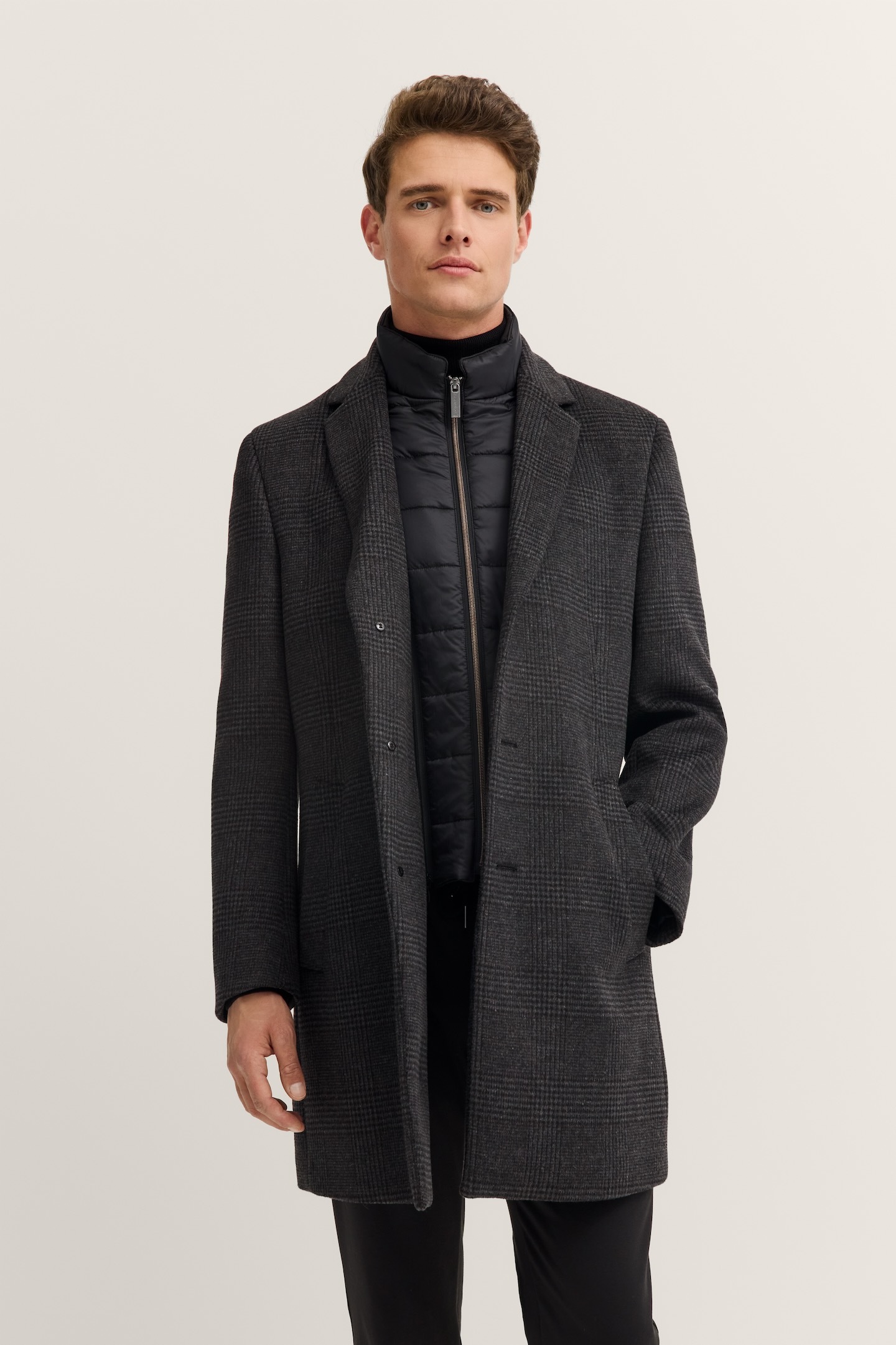 Bugatti Herren Reverskragen Mantel mit Glencheck-Karo und Westen-Einsatz Image