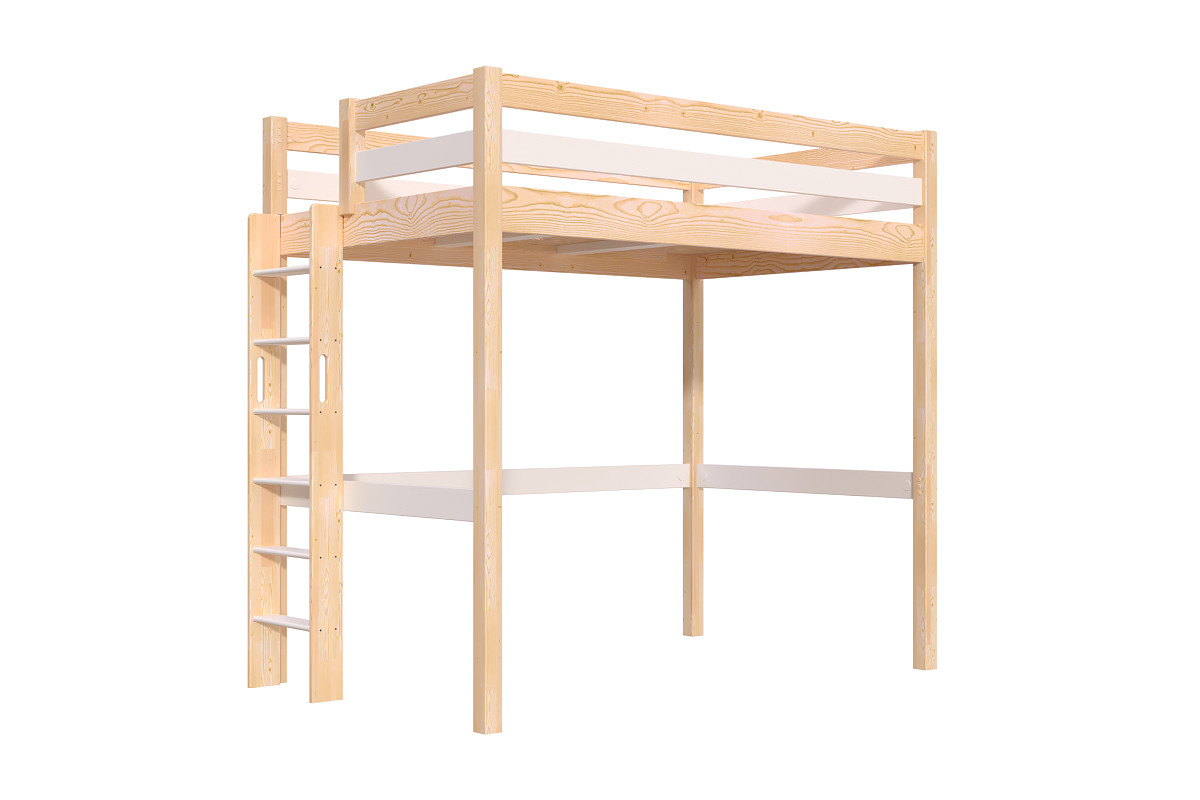 Lit en hauteur 1 place bois Sylvia 120x190 échelle droite - Vernis naturel/Blanc