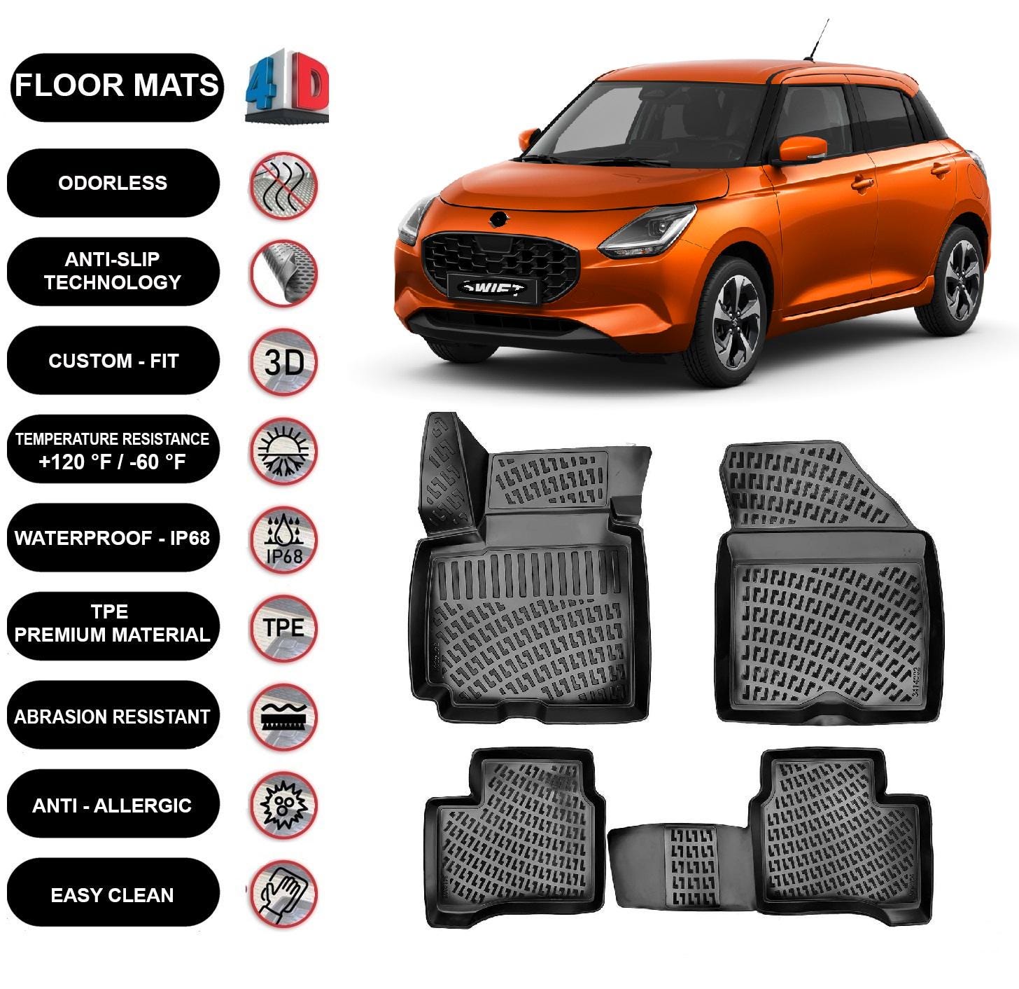 Tappetini antiscivolo adatti per Suzuki Swift Mhev Hybrid (2024-2025) impermeabili per tutte le stagioni, stampati in 4D, neri, 4 pezzi