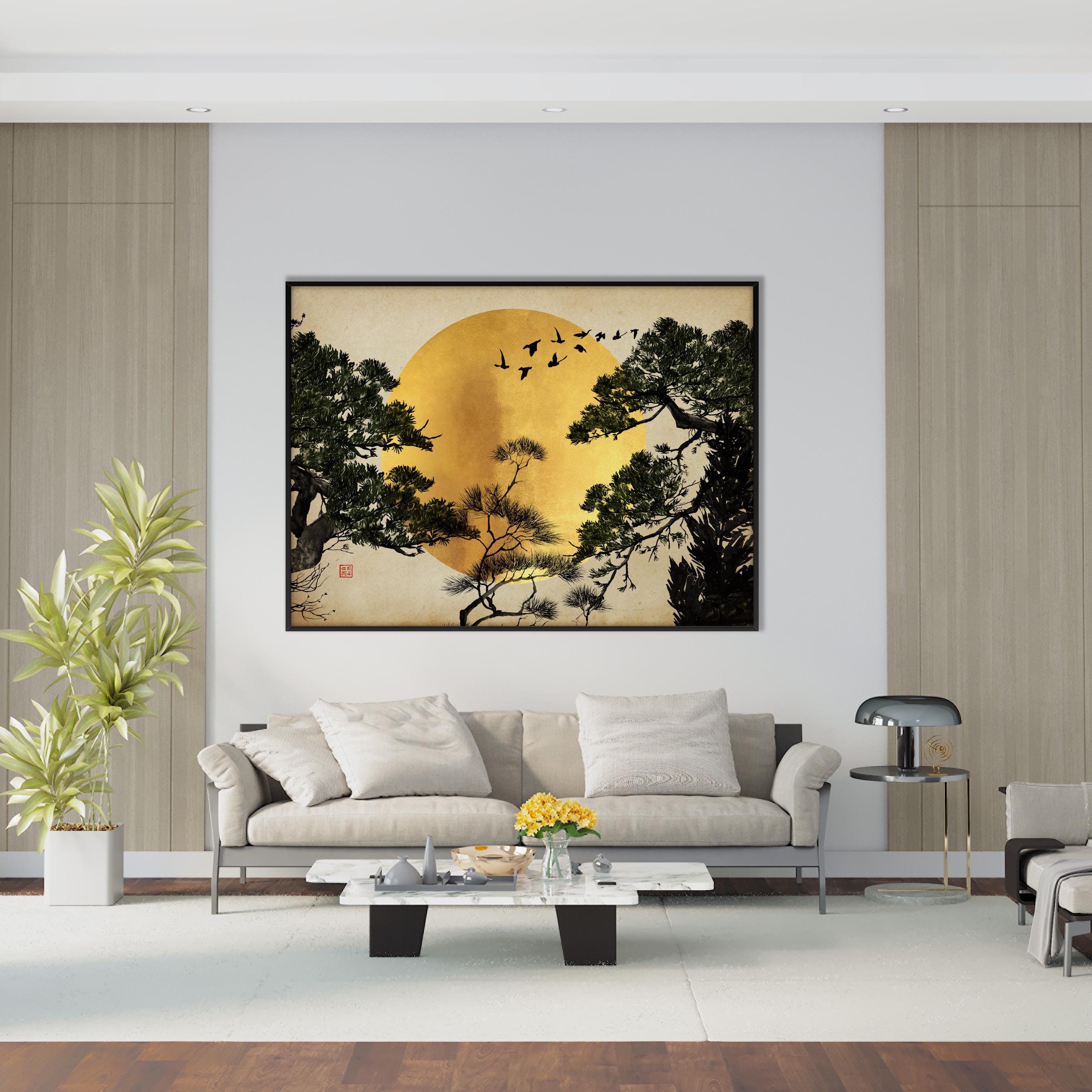 Stampa artistica da parete con rami di pino giapponese e luna, paesaggio orientale asiatico, inchiostro acquerello SumiE, decorazione Zen Feng Shui mi