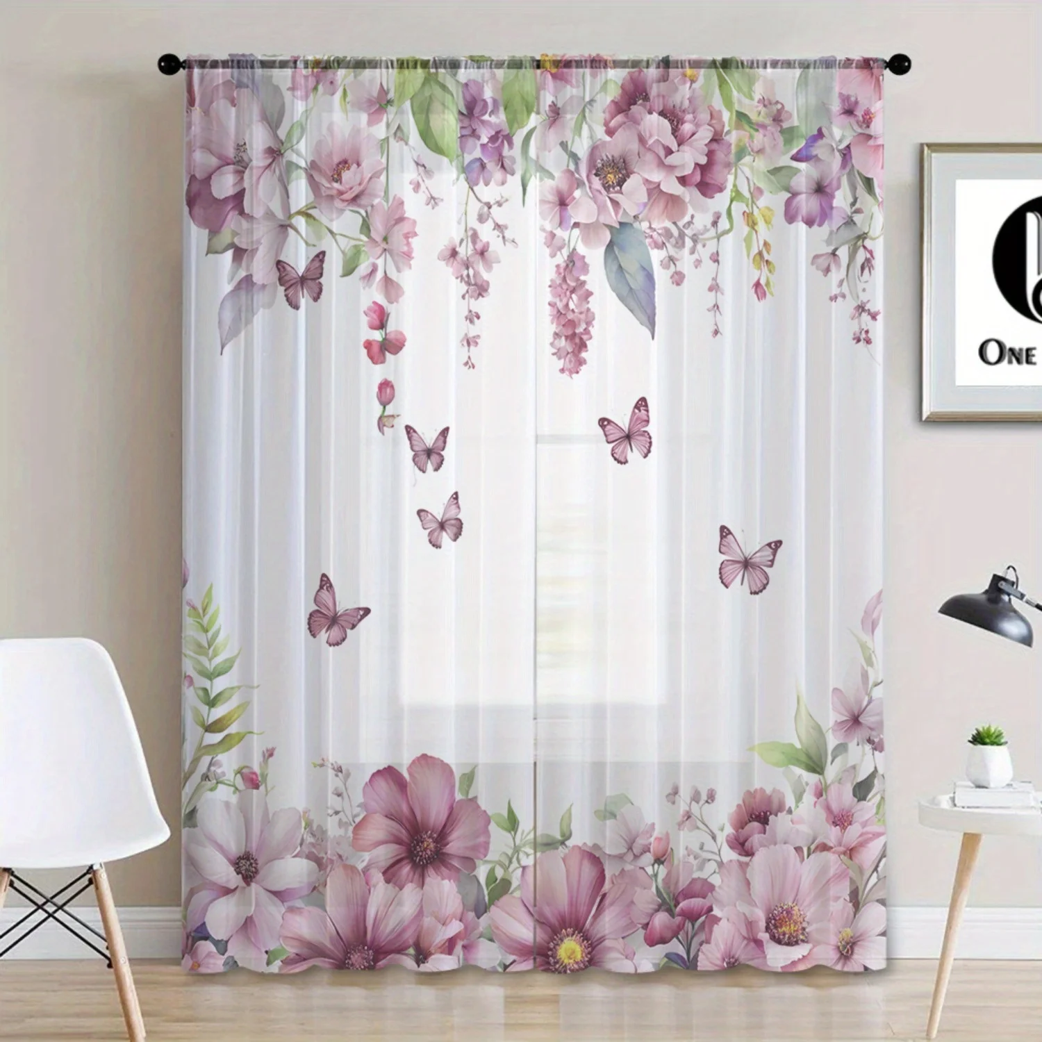 2-teilige elegante rosa Blumen- und Schmetterlingsvorhänge – Heimdekoration für Küche, Café, Wohnzimmer, Esszimmer, Balkon, Schlafzimmer Image