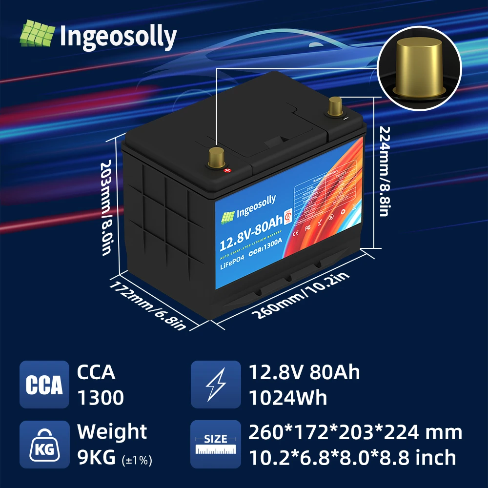 PL Stock 12V Lithium 80D26L/R Auto-Start-Stopp-Batterie 80AH LiFePO4 Startbatterie Eingebautes BMS High CCA für Marine Boot, Wohnmobil Image