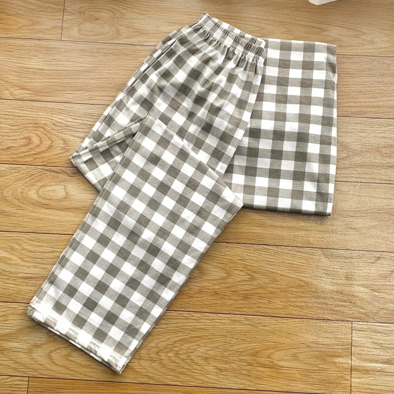 Sommer Frühling Gestrickte Baumwolle Herren Plaid Nachtwäsche Hosen Lose Weiche Lange Hosen Homewear Atmungsaktive Männliche Lounge Schlaf Bottoms Image