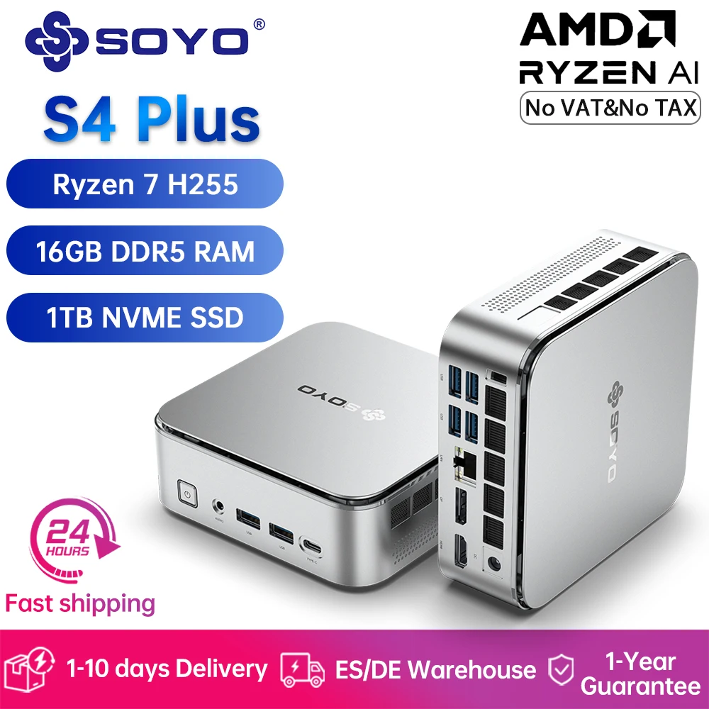 SOYO S4 Plus Mini PC AMD Ryzen 7 H255 CPU 16G DDR5 5600Mhz (Upt 64GB) 1 to SSD PCIE3.0 NVME WIFI6 BT5.2 4K @ 120Hz ordinateur de jeu