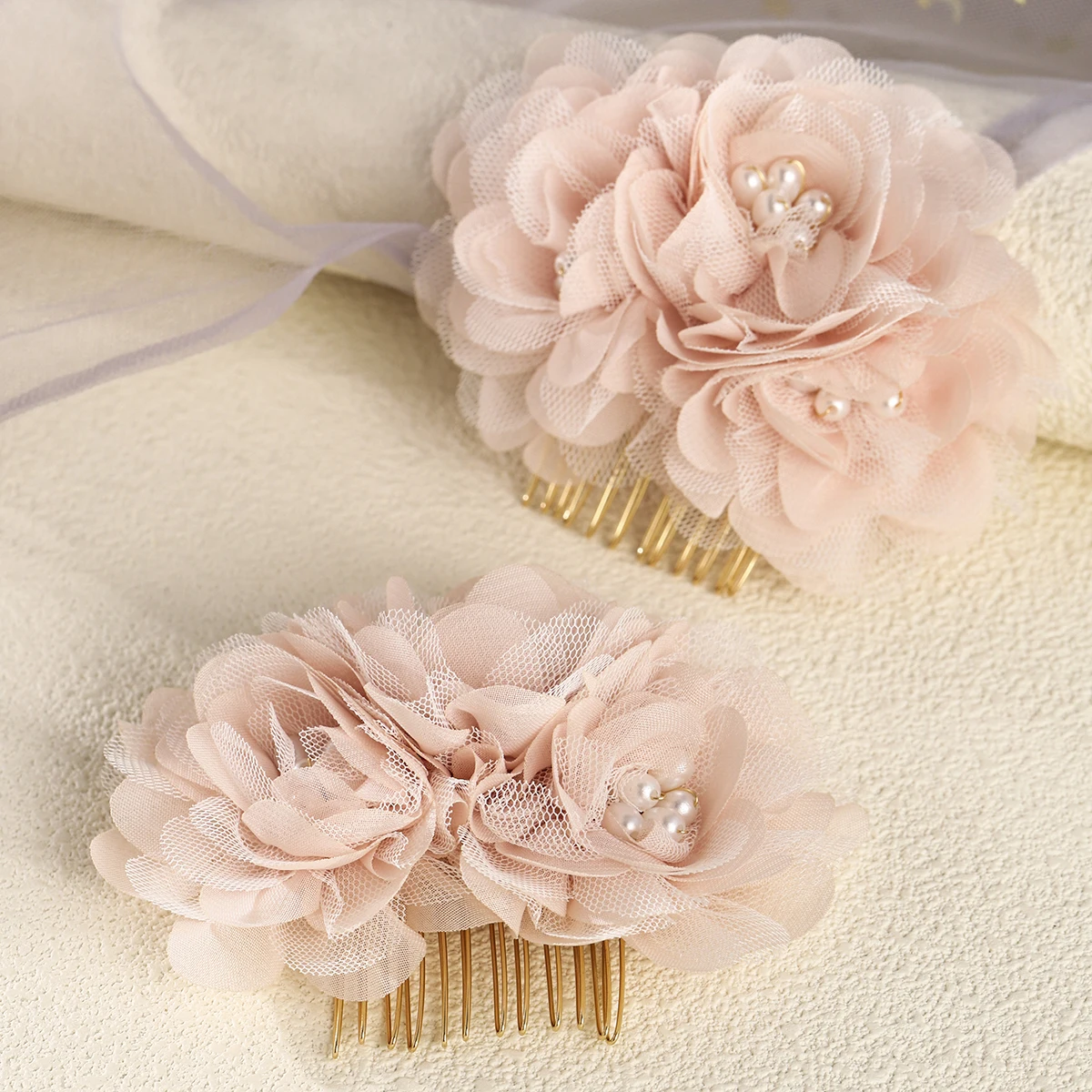 2pc Rosa Elegante Braut Perle Spitze Große Haar Kamm Temperament frauen Blume Haar Clips Meer Party Haar Pins kopfschmuck