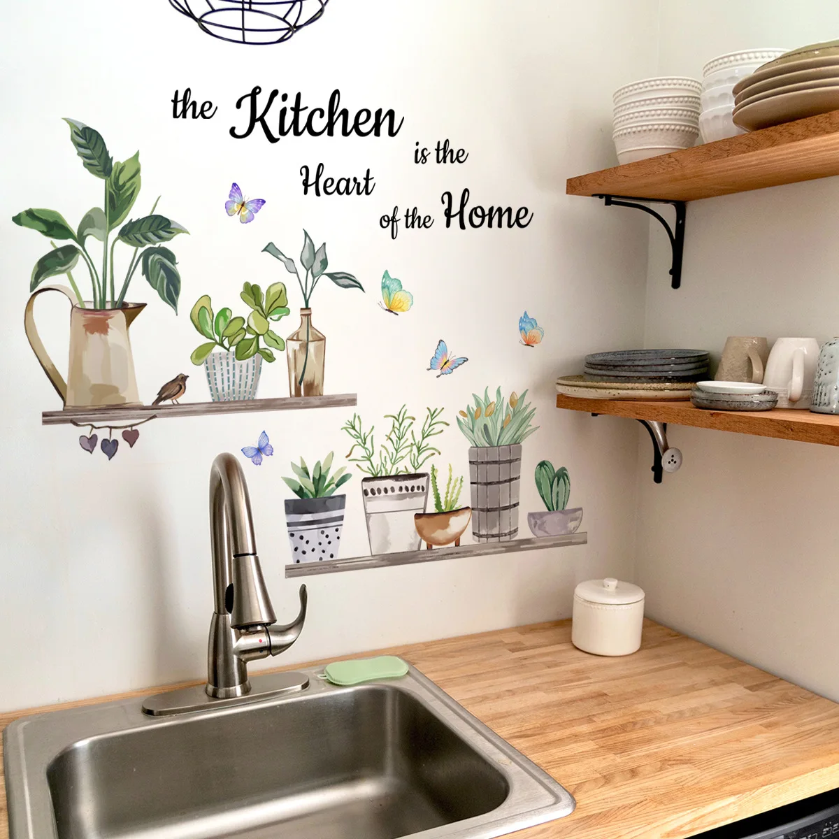Autocollants muraux plantes vertes de cuisine, Art de cuisine, papillon, fleur, citations de cuisine, décorations artistiques pour la maison, sparadrap muraux