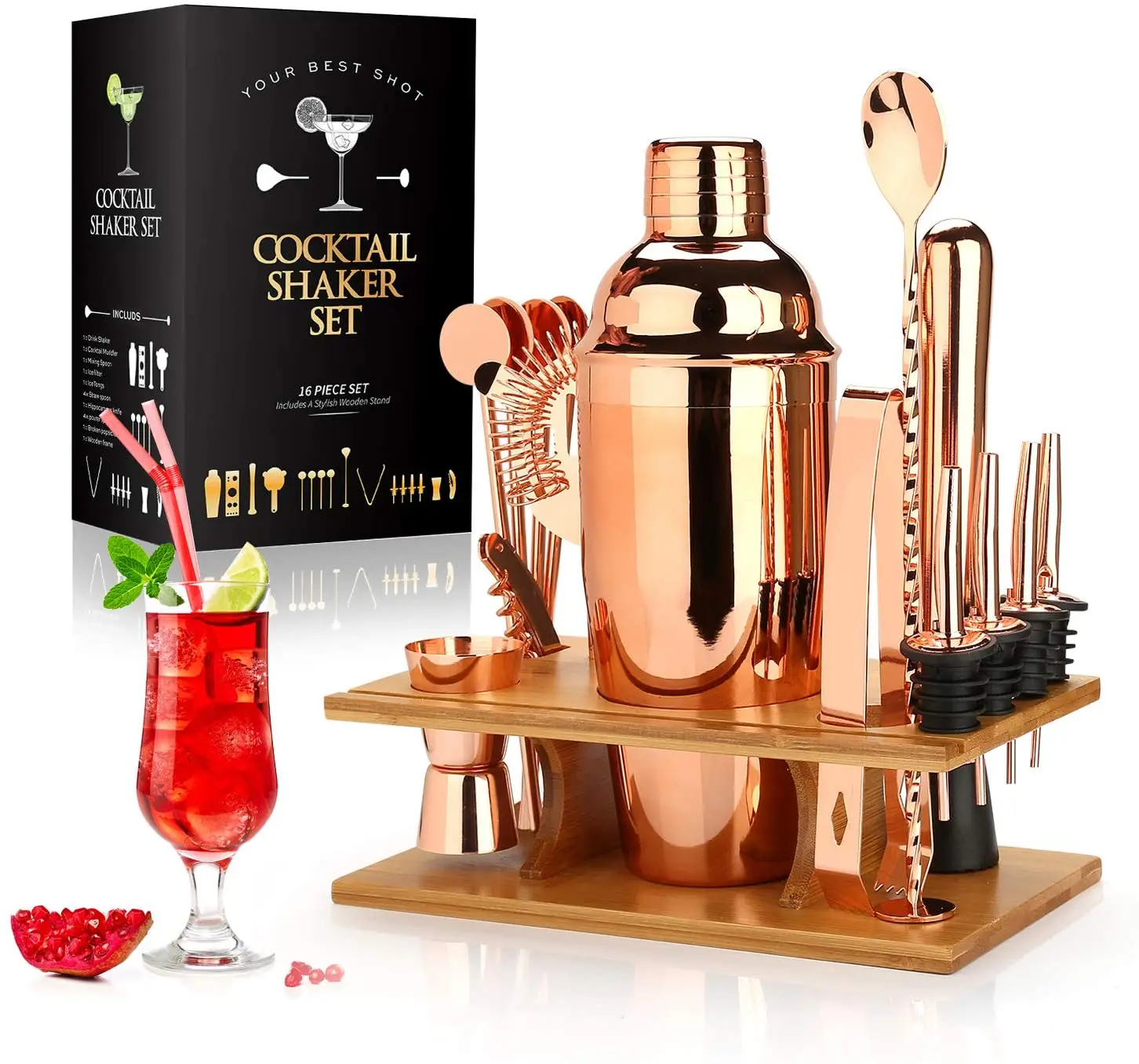 Cocktail-Shaker-Set,16 stücke Barkeeper-Kit für Mixer Wein Martini, Edelstahl Bar Werkzeuge, Home Drink Party Zubehör