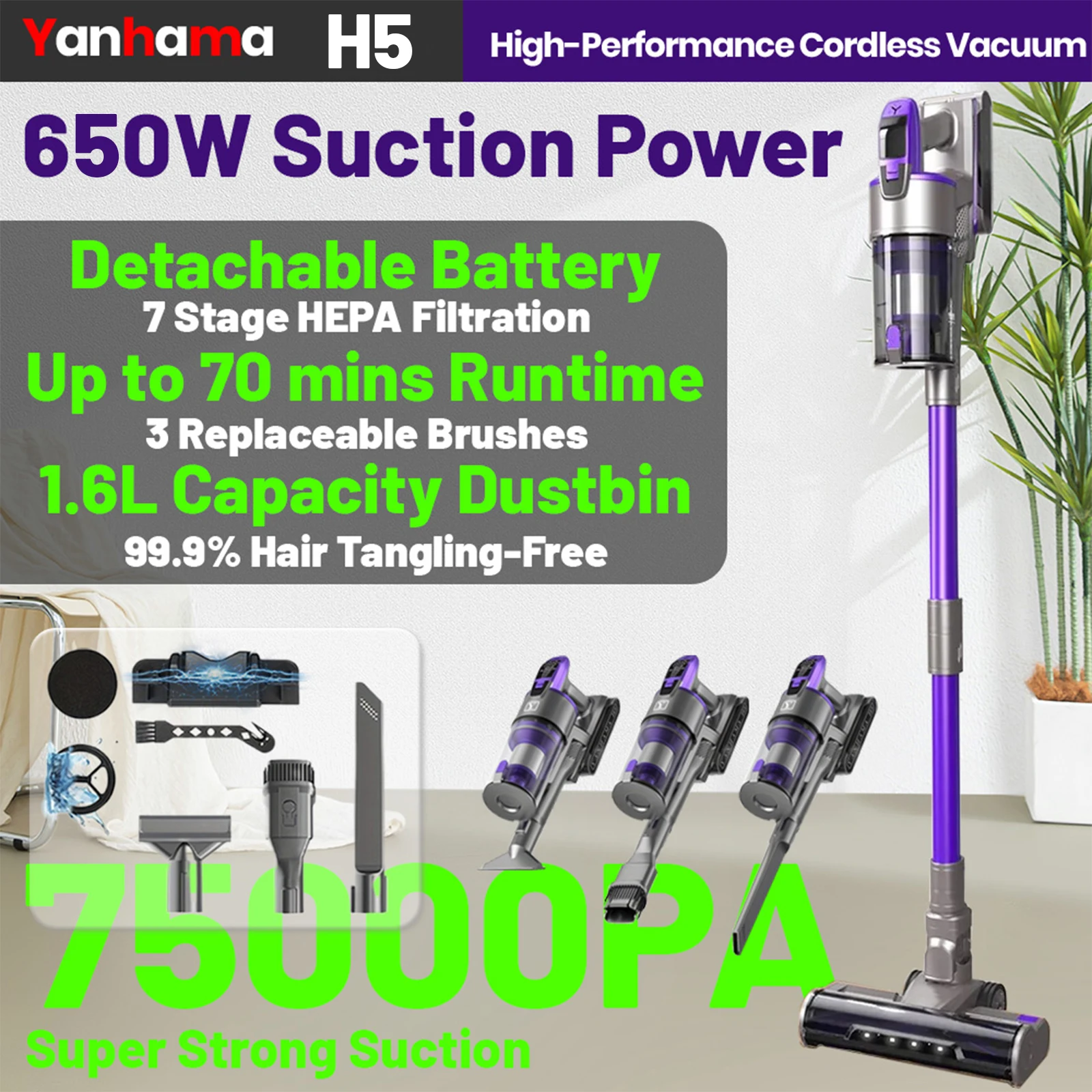 Yanhama Akku-Staubsauger – 75 kPa/650 W/70 Minuten Stabstaubsauger mit Ladestation, kabelloser Anti-Tangle-Staubsauger für Haustiere Image