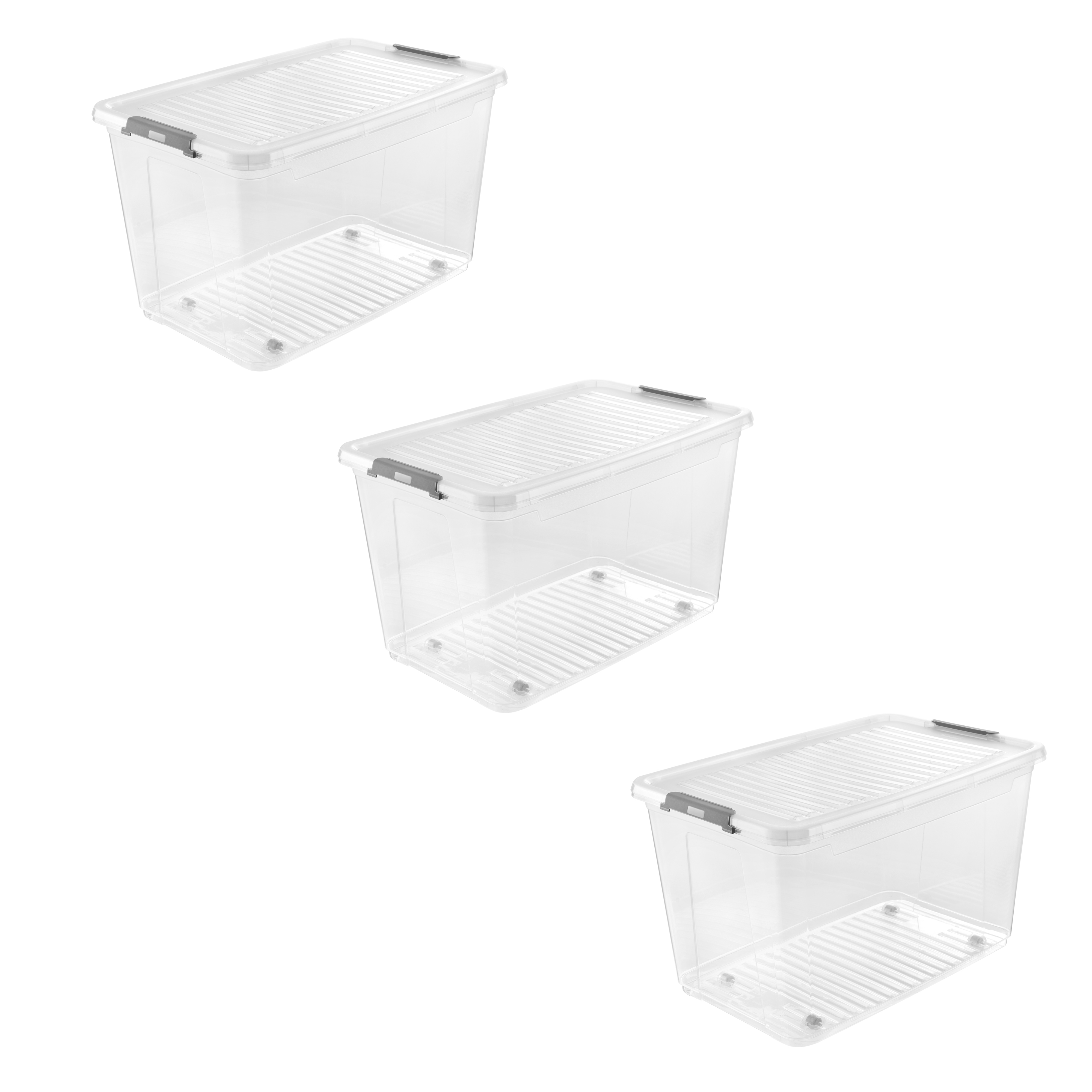 Aufbewahrungsbox KEEEPER "Clipbox Leo (Set 3 St.) 56 L, 59 x 38 x 35,5 cm", transparent, B:59cm H:35,5cm T:38cm, Kunststoff, Aufbewahrungsboxen, Aufbewahrungsbox, Schanierclips, Doppelöffnung, 90 drehbare Räder, fixierbarer Deckel
