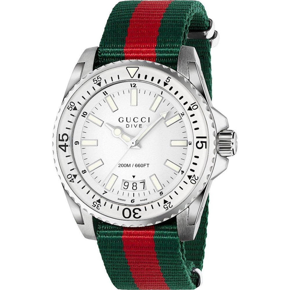 Gucci YA136207 Dive Mens Watch With White Dial and Textile Band - Multicolour Stainless Steel - One Size | Gucci Sale | Discount Designer Brands