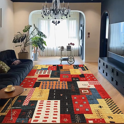 Farbenfroher Teppich im Dopamin-Stil, weicher belgischer Samtteppich mit TPR-Rückseite, Vintage-Boho-Design, Wohnzimmer-, Schlafzimmer-, Sofa- und Heimdekorationsteppich Image
