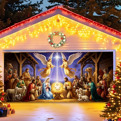 Weihnachts-Garagentor-Abdeckung mit Krippenmotiv 2025, große hängende Kulisse, religiöses Feiertags-Wandbild, Außendekoration, Party-Fotohintergrund, Garten, festliche Weihnachtsdekoration Image