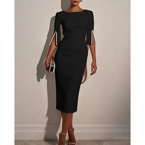 Damen Midikleid schwarzes kleid Etui-Kleid Elegant Mode Modern Täglich Büro Ferien Normale Passform Einfach Dreiviertelarm Rundhalsausschnitt U-Boot-Ausschnitt Schwarz Weiß Rosa Sommer Frühling Image