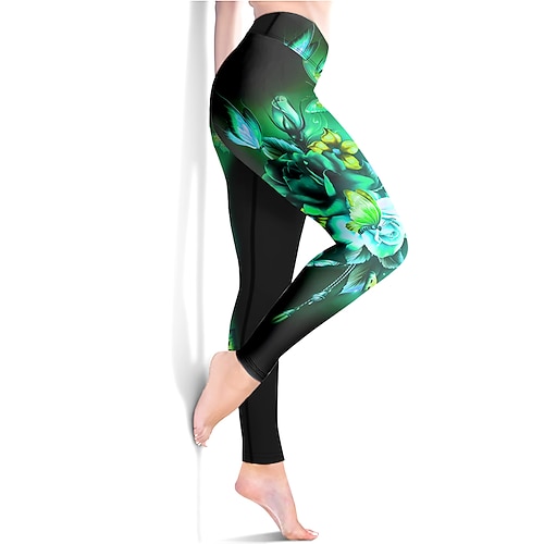 Damen Yogahose Po-Lifting Bauchkontrolle Hohe Taille Fitnesstraining Laufen Fitness Kurze Leggings Blumenmuster Gelb Rot Blau Herbst Sport Sportkleidung Hohe Elastizität Image