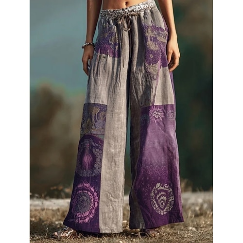 Damen Weites Bein Chinos Urlaub Vintage Ethno-Stil Volle Länge Hohe Taille Kordelzug Patchwork Drucken Unelastisch Urlaub Formell Straße Blau Violett Grau Grün Sommer Frühling Herbst Winter Lässiger Image