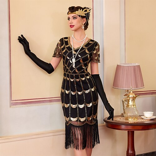 Goldene Zwanziger 1920er Knielang Flapper Kleid Kurze Ärmel Der große Gatsby Pailletten Fransen V Ausschnitt Kostüm Damen Weihnachten Karneval Flüsterkneipe Maskerade Retro-Mottoparty Erwachsene Kleid Image