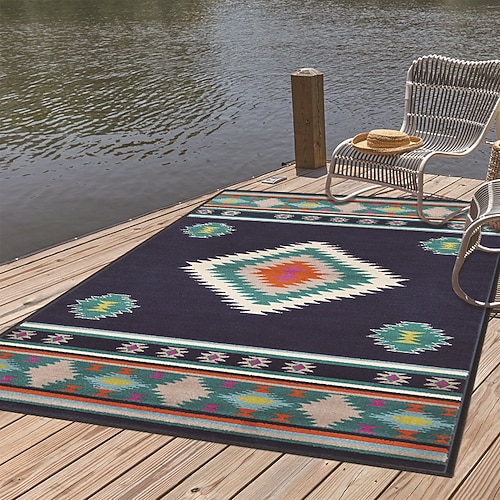 Großer, strapazierfähiger und schmutzabweisender Vintage-Teppich im Ethno-Stil, ideal für Wohnzimmer, Schlafzimmer, Terrasse und als Dekoration für Ihr Zuhause. Image