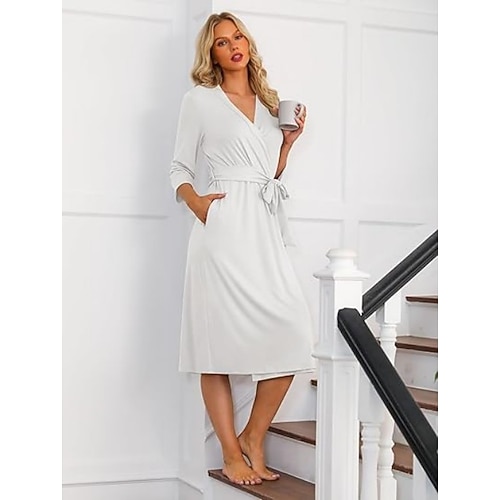 Vintatre Damen-Kimono-Bademantel, langer Strick-Bademantel, leichte, weiche Strick-Nachtwäsche, V-Ausschnitt, lässige Damen-Loungewear Image