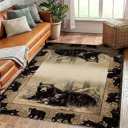 Teppich im amerikanischen Landhausstil, rustikales Vintage-Design mit Bärenmuster, strapazierfähig und fleckenabweisend, für Wohnzimmer, Schlafzimmer, Hütten- und Heimdekoration Image