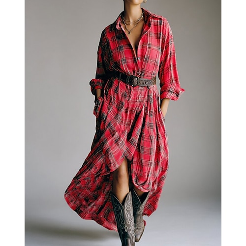 Damen Langes Kleid Maxikleid Kariertes Kleid Hemdblusenkleid Vintage Modern Outdoor Urlaub Ausgehen Lässiger Schnitt Karomuster Langarm Hemdkragen Gelb Rote Frühling Herbst Image