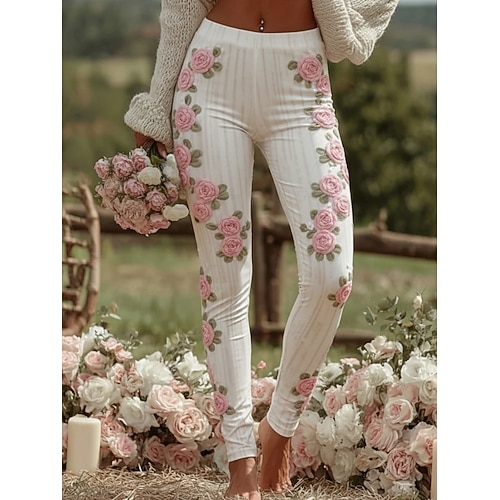Damen Leggings Gemütliche Leggings Urlaub Vintage Basic Volle Länge Hohe TaillePantsWeihnachten Blumen Drucken Bequem Dehnbar Lässig Täglich Outdoor Blau Weiß Rosa Grün Frühling Herbst Schmale Image