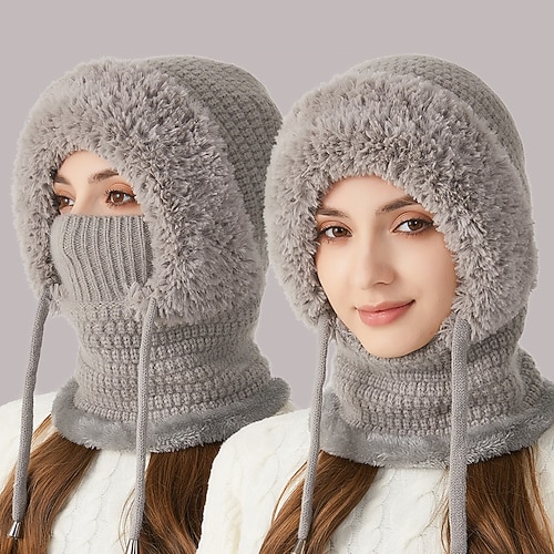 1-teiliges, gestricktes, mit Fleece gefüttertes Set aus Schal, Maske und Mütze (3-in-1), Winter-Gesichtsmaske 2026, Strickmützen, Kapuzenschal, Skimasken Image