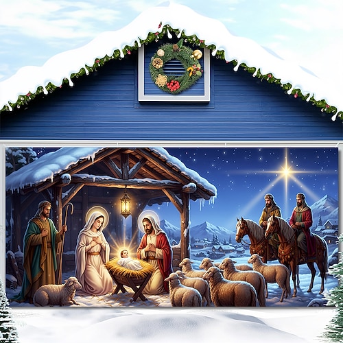 Weihnachts-Garagentor-Abdeckung mit Krippenmotiv 2025, große hängende Kulisse, religiöses Feiertags-Wandbild, Dekoration für Gartenpartys, Fotoshootings, festliche Weihnachtsdekoration für Zuhause und Image