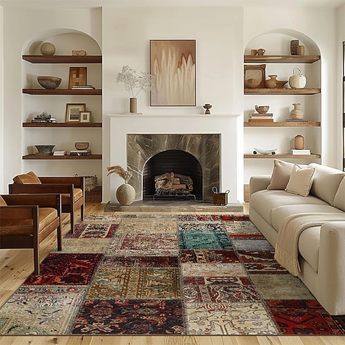 Vintage-Patchwork-Teppich, weicher Stoff, Imitationsteppich, stilvolles Wohnzimmerdekor, Boutique-Laden-Fußmatte, Heim-, Arbeits-, Balkon-Akzentteppich, strapazierfähig, pflegeleicht Image