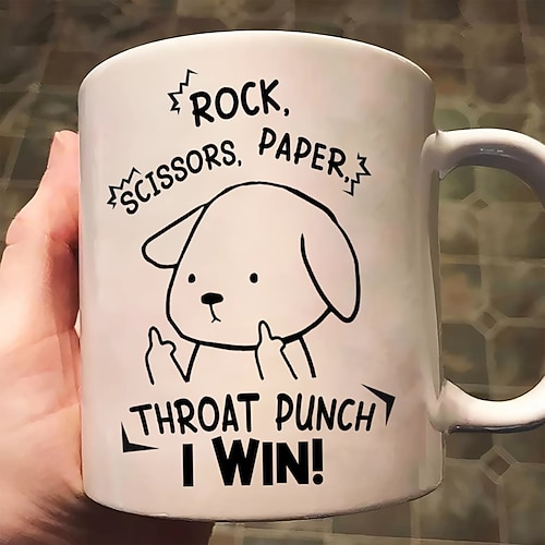 Witzige Geschenktasse „Schere, Stein, Papier" – Kehlkopfschlag – Ich gewinne! Urkomische Kaffeetasse für Kollegen, Scherzartikel, einzigartige, lustige Tasse fürs Büro oder Zuhause. Image