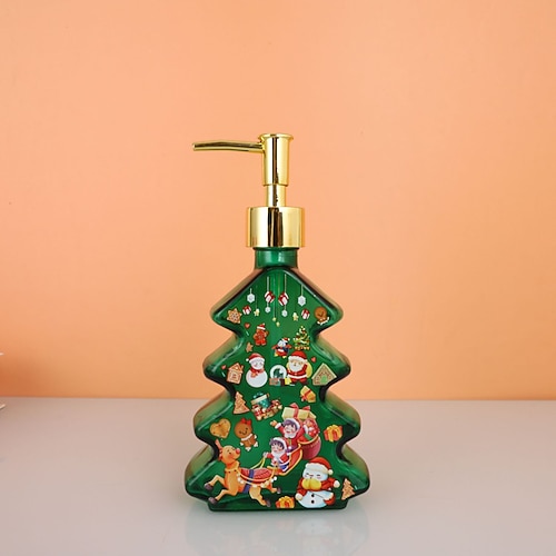Handpumpe in Weihnachtsbaumform aus Glas – 300 ml, wiederverwendbarer Reisebehälter in Rot/Grün mit goldenem Rentier-Schneeflocken-Design für Seife, Lotion oder Reinigungsmittel, ideal für Küche, Bad Image