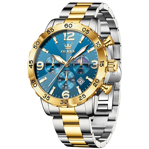 Die neue Olevs Herren-Businessuhr verfügt über eine leuchtende Mondphasenanzeige, drei Zeiger, ein multifunktionales digitales Zifferblatt und ein Quarzwerk mit großem Zifferblatt. Sie ist modisch, Image