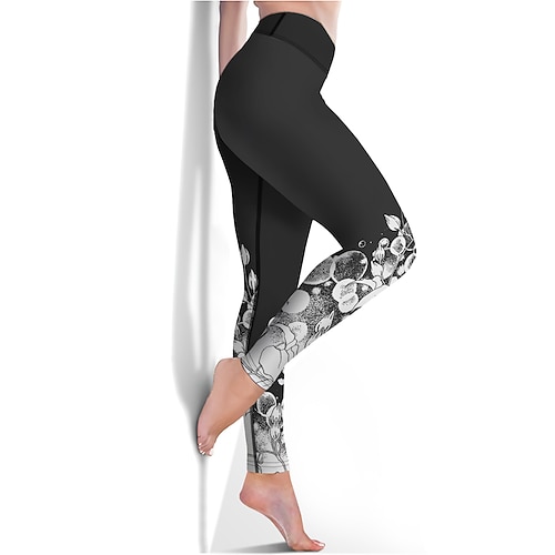 Damen Yogahose Po-Lifting Bauchkontrolle Hohe Taille Fitnesstraining Laufen Fitness Kurze Leggings Blumenmuster Dunkelgrau Herbst Sport Sportkleidung Hohe Elastizität Image