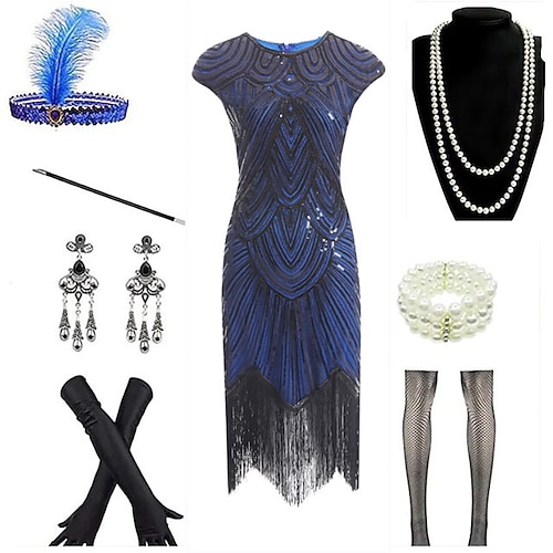 Set Goldene Zwanziger 1920er 1930er Knielang Flapper Kleid Kleid Outfits mit Zubehör Cap-Ärmel Der große Gatsby Hochzeitsgast Quastenfransen V Ausschnitt Rundausschnitt Kostüm Damen Karneval Maskerade Image
