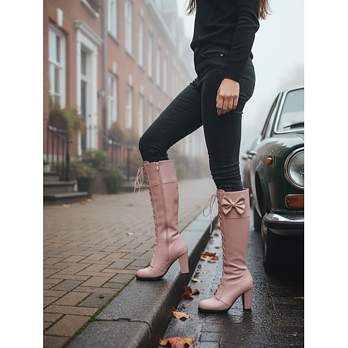 Rote, kniehohe Schnürstiefel für Damen mit Schleifendetail – stylische Stiefel mit Blockabsatz für Herbst und Winter Image