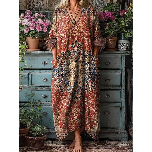 Damen Midi Kleid Boho A-Linie Kleid Urlaub Lässig Täglich Lockerer Schnitt Floral Grafisch Langarm V-Ausschnitt Blau Rot Grün Frühling Herbst Image
